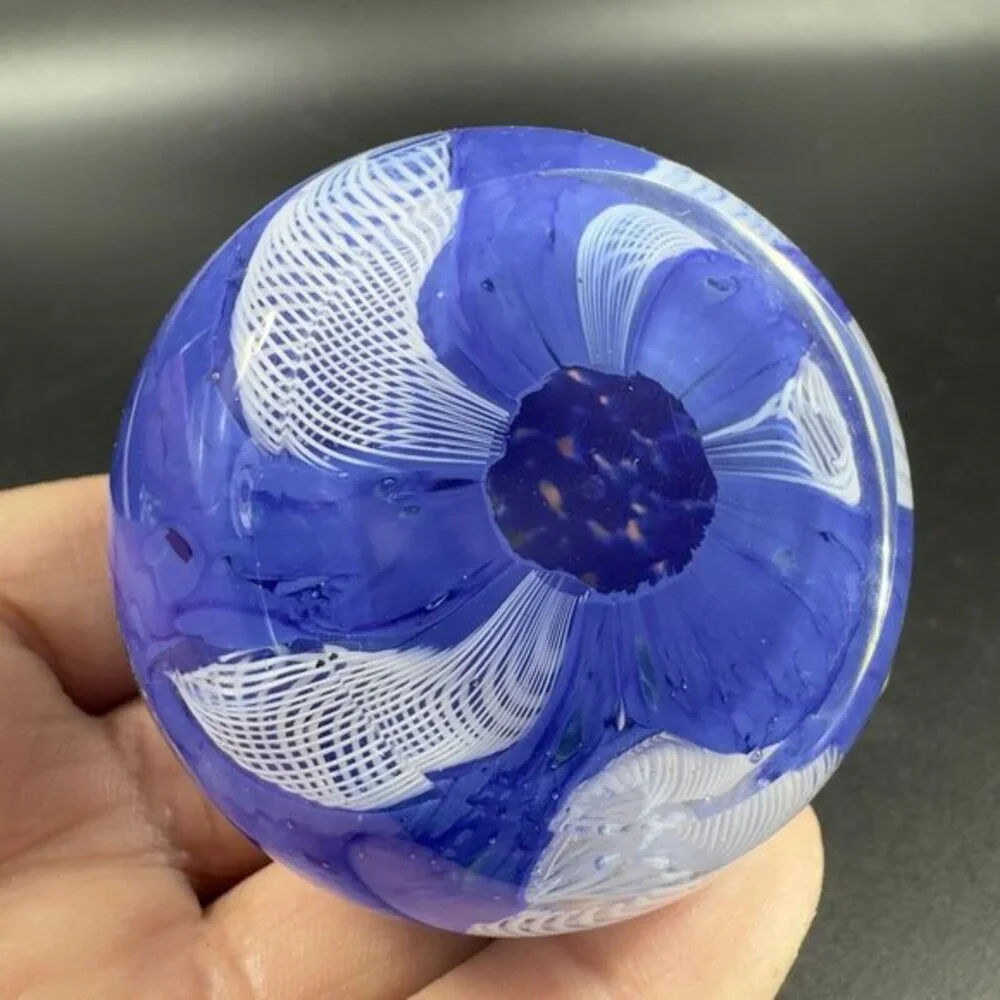 Murano Art Glass Paperweight Orb Cobalt Blue White Cane Venetian Italy Glass VTG
